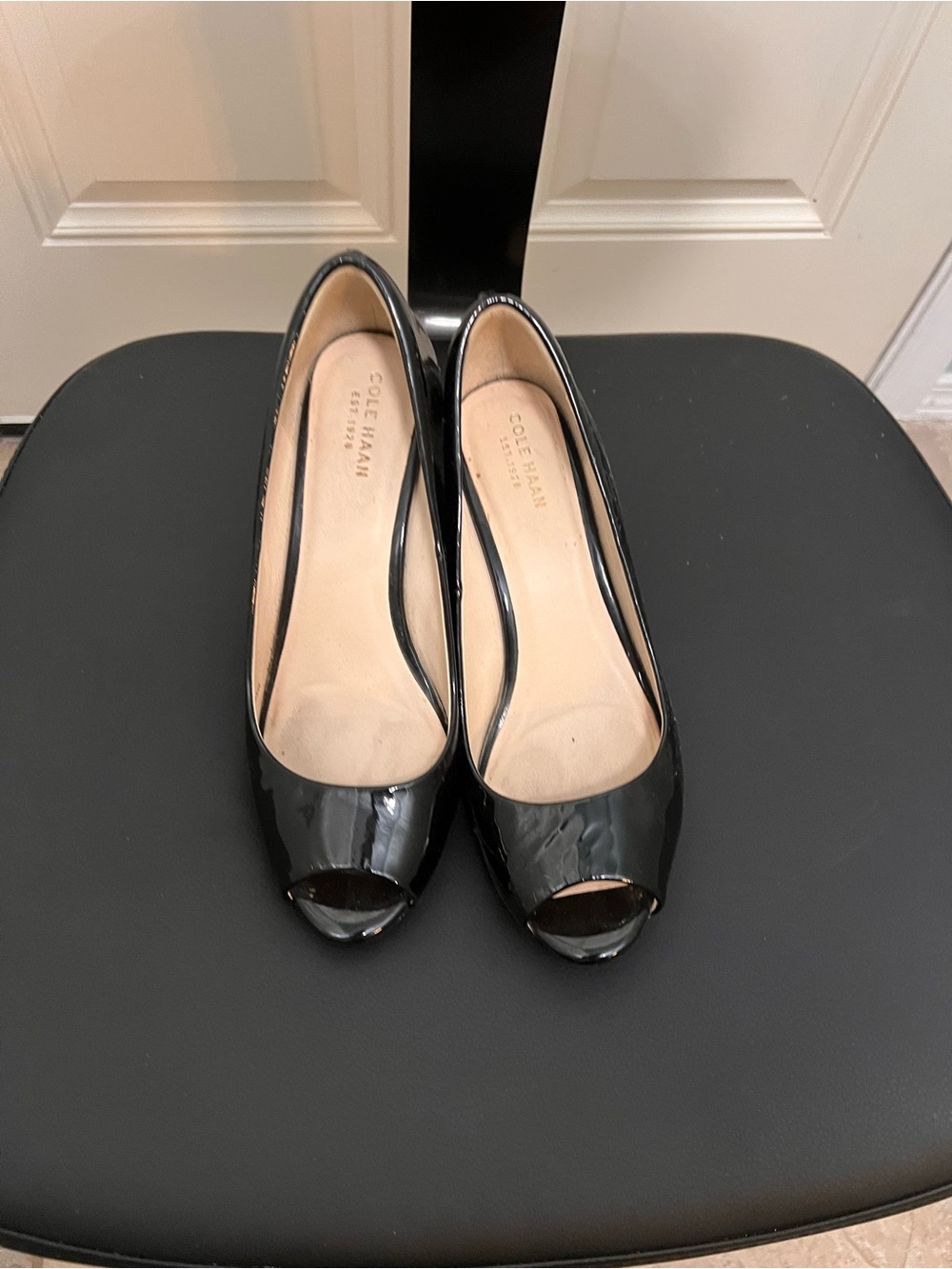 Cole Haan Black Patent Peep-Toe Wedge Pumps